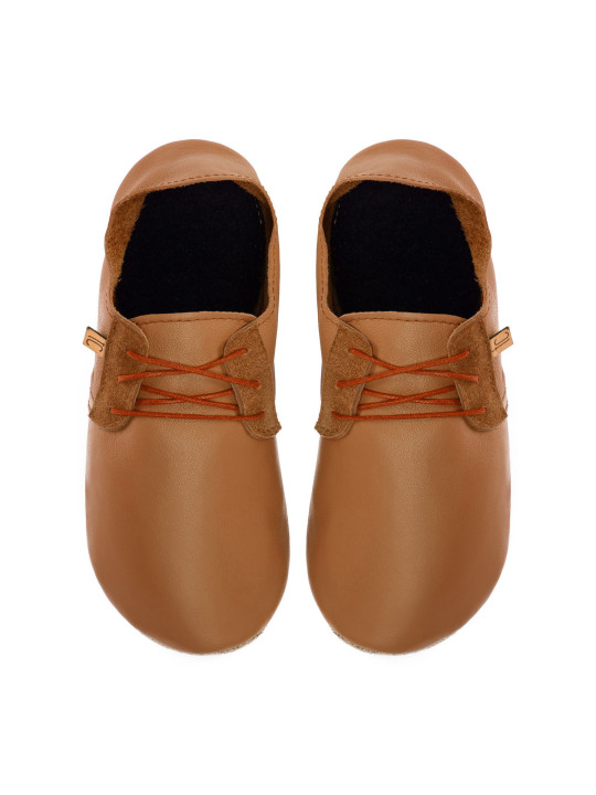 Lace up leather slippers caramel