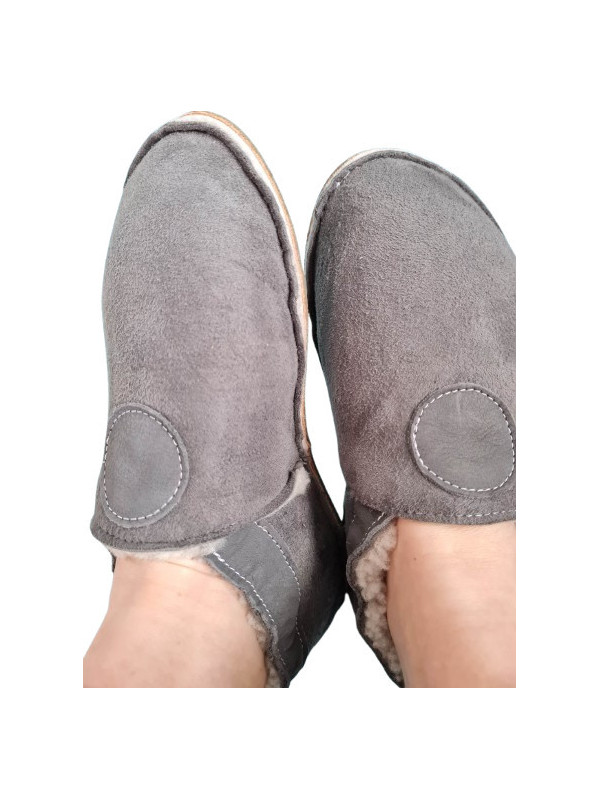 Grey Sheepshin slippers with colorful pattern