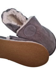 Grey Sheepshin slippers with colorful pattern