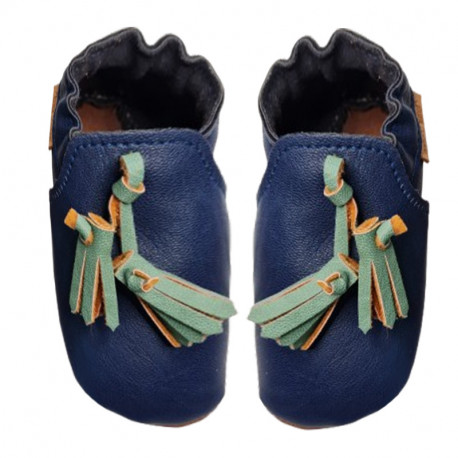 chaussons vegan bleu avec pompons