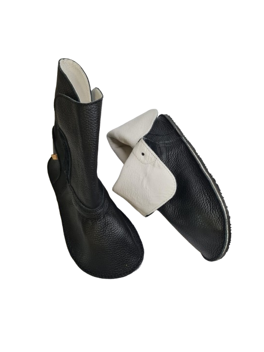 extra soft minimalist barefoot leather boots, wide and flat