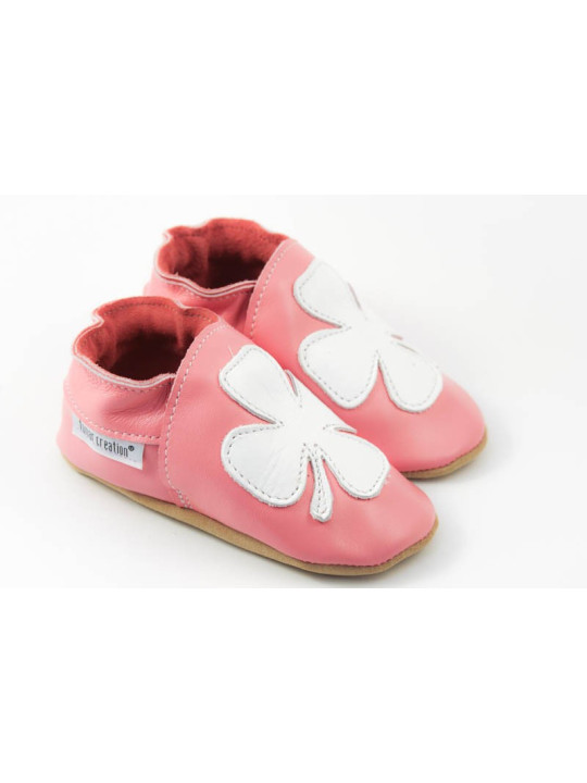 Chaussons cuir souple rose trefle fille porte bonheur