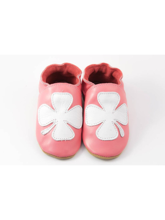 Chaussons cuir souple rose trefle fille porte bonheur