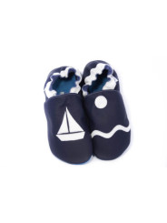 Chaussons cuir souple petit bateau bleu