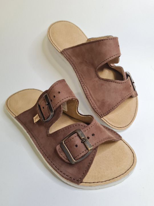 Brown Nubuck Sandals – Double Buckle – Ultra-Light White Sole | In Stock | Tomar Creation
