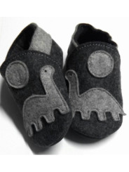 Anthracite gray natural merino felt slippers - dinosaur