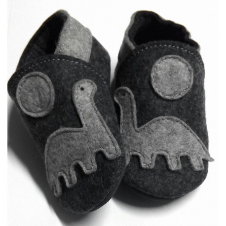 Anthracite gray natural merino felt slippers - dinosaur