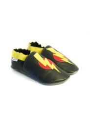 Chaussons cuir souple éclair fluo orange